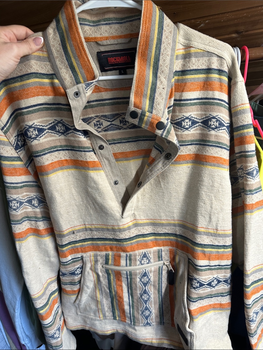 Desert Stripe Aztec Pullover Sweater - Beige & Orange design-men’s Large EUC